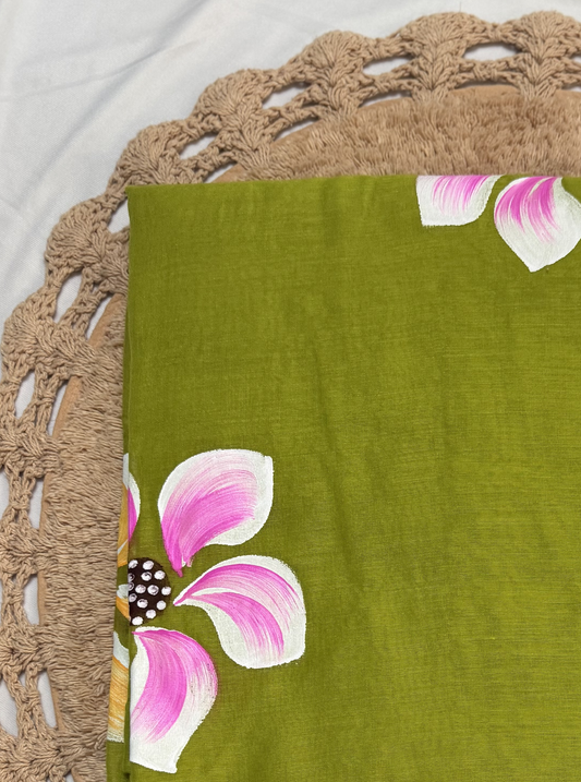 Elegant Olive Green Hand-Painted Mul Cotton Saree with Pink Floral Design & Tassels