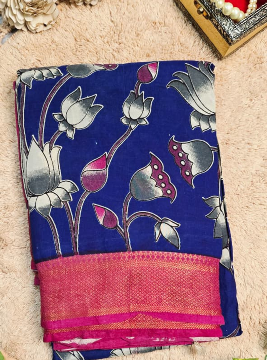 Royal Blue Kalamkari Mangalagiri Silk Saree with Lotus Motifs & Contrast Zari Border