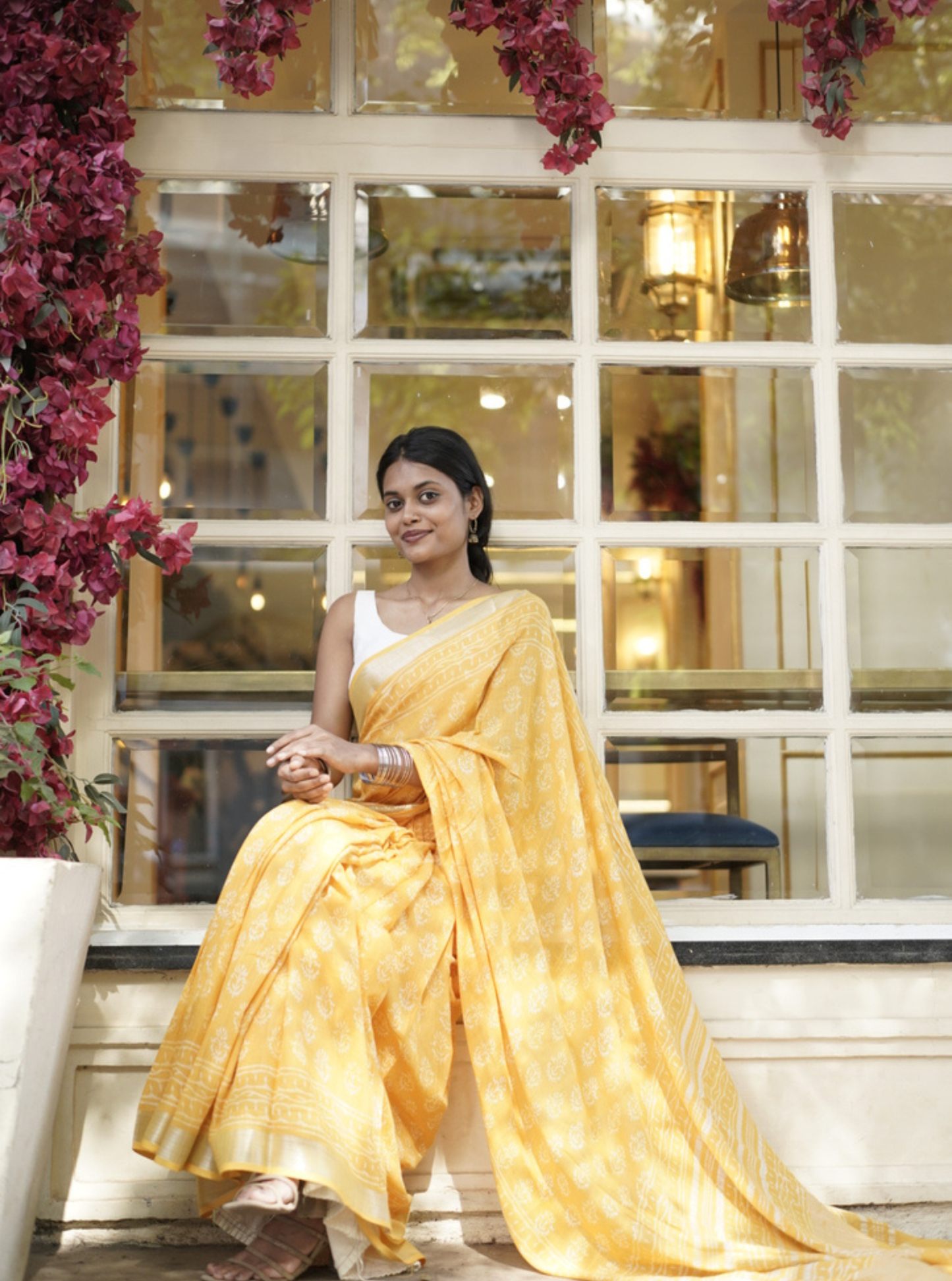Sunshine Yellow Hand-Printed Linen Cotton Saree with Classic Borders