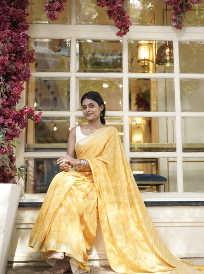Sunshine Yellow Hand-Printed Linen Cotton Saree with Classic Borders