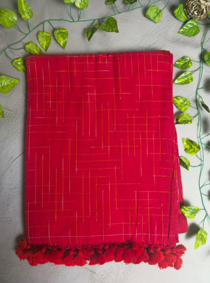 Bright Red Mul Cotton Saree with Minimal Check Weave