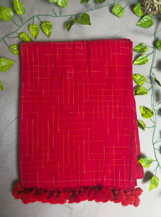 Bright Red Mul Cotton Saree with Minimal Check Weave