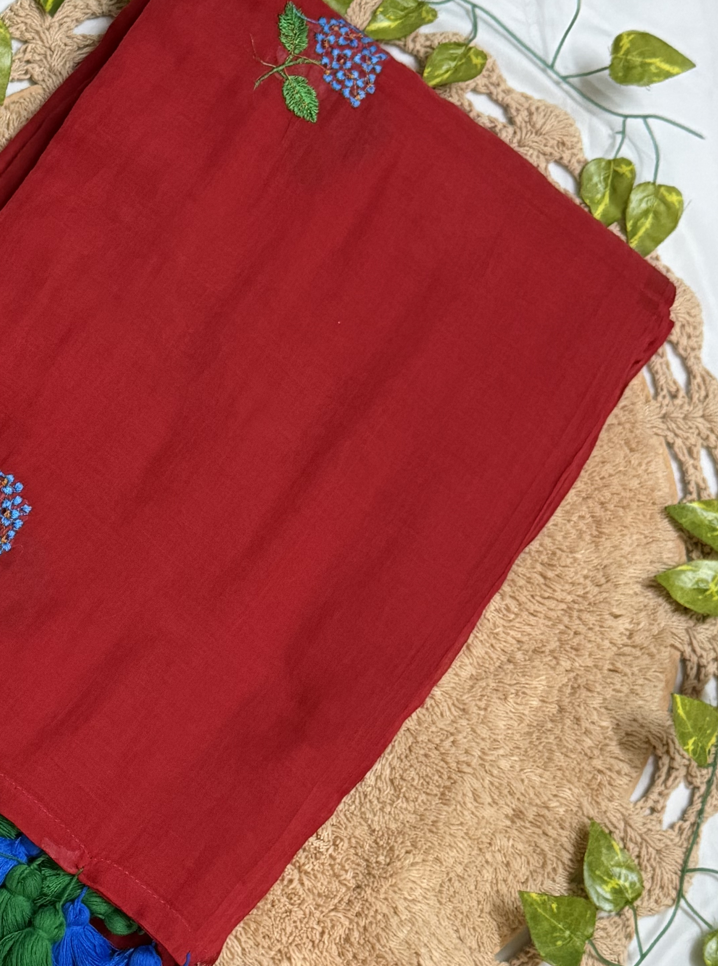 Classic Red Embroidery Mul Cotton Saree with Contrast Tassel Pallu