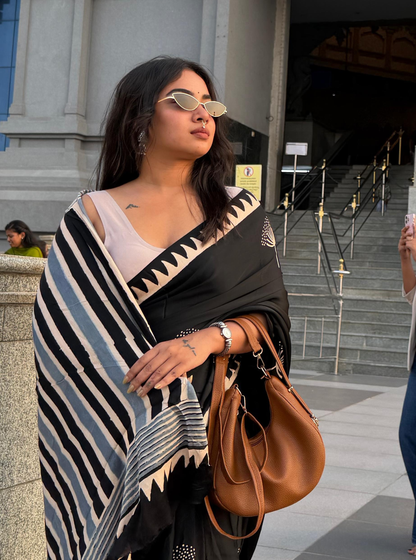 Midnight Bloom Modal Silk Hand-Blocked Ajrakh Saree