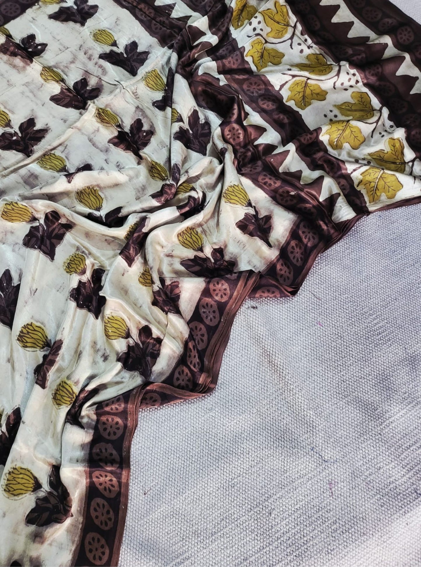 Ivory & Earth Brown Modal Silk Ajrakh Saree with Floral Motifs – Naturally Dyed Handcrafted Elegance