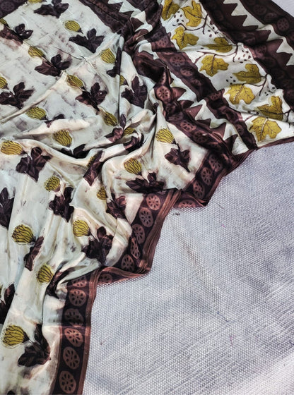 Ivory & Earth Brown Modal Silk Ajrakh Saree with Floral Motifs – Naturally Dyed Handcrafted Elegance