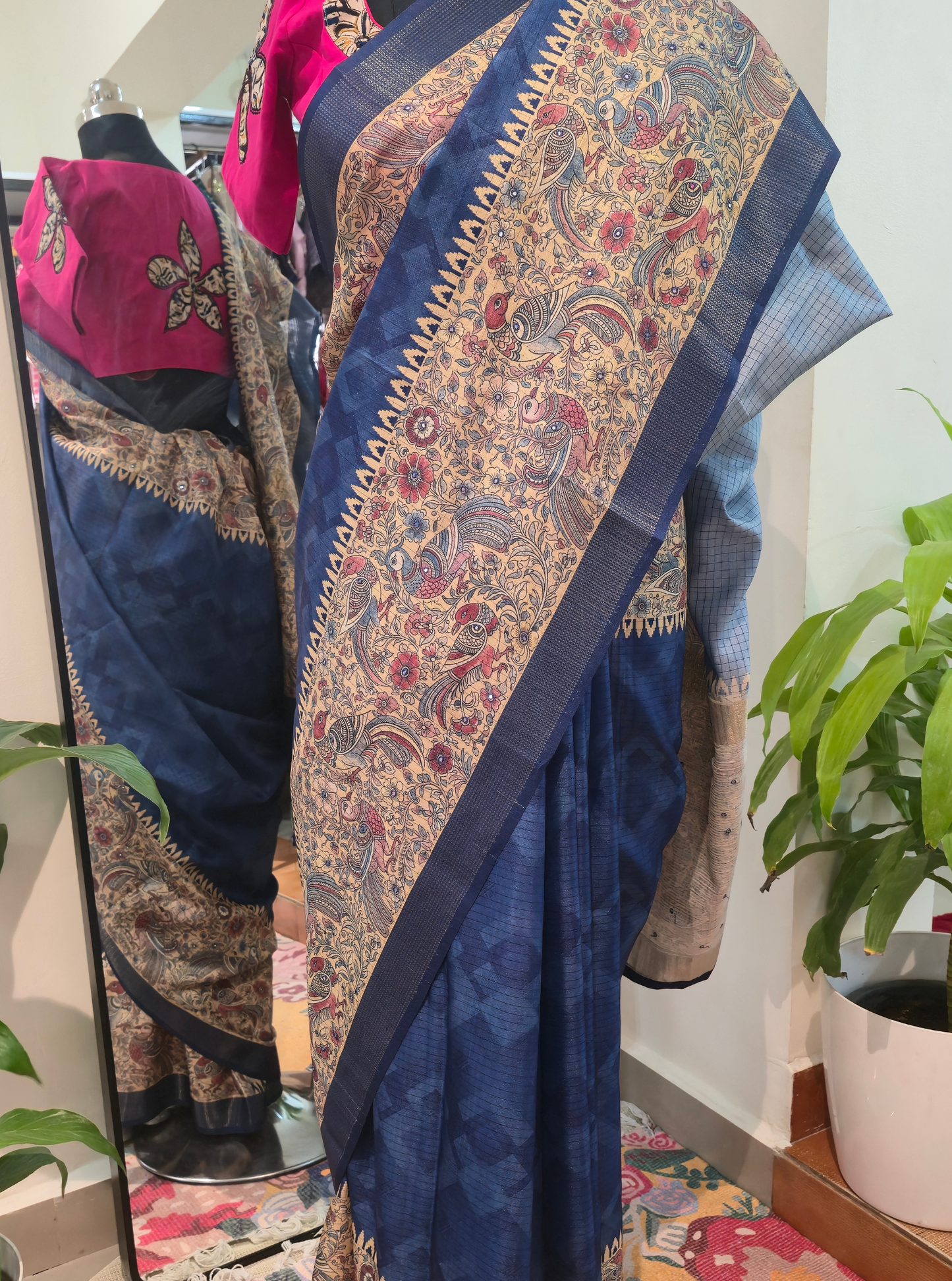 Royal Blue Tussar Silk Saree with Kalamkari-Inspired Border & Rich Pallu