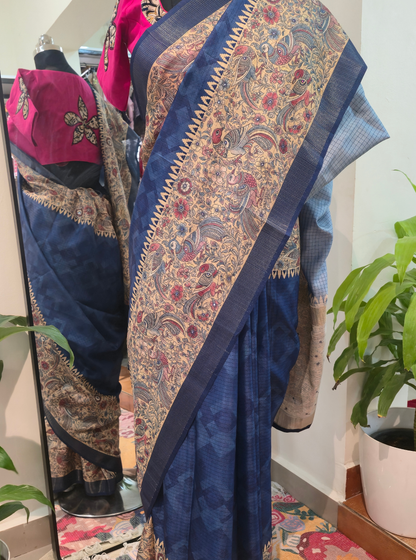 Royal Blue Tussar Silk Saree with Kalamkari-Inspired Border & Rich Pallu