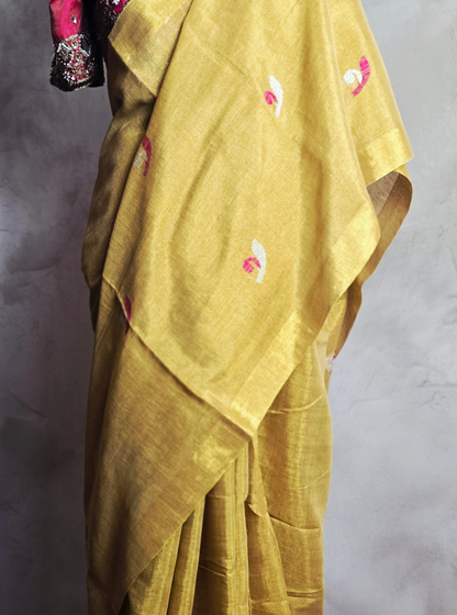 Golden Yellow Linen Tissue Saree with Delicate Motifs