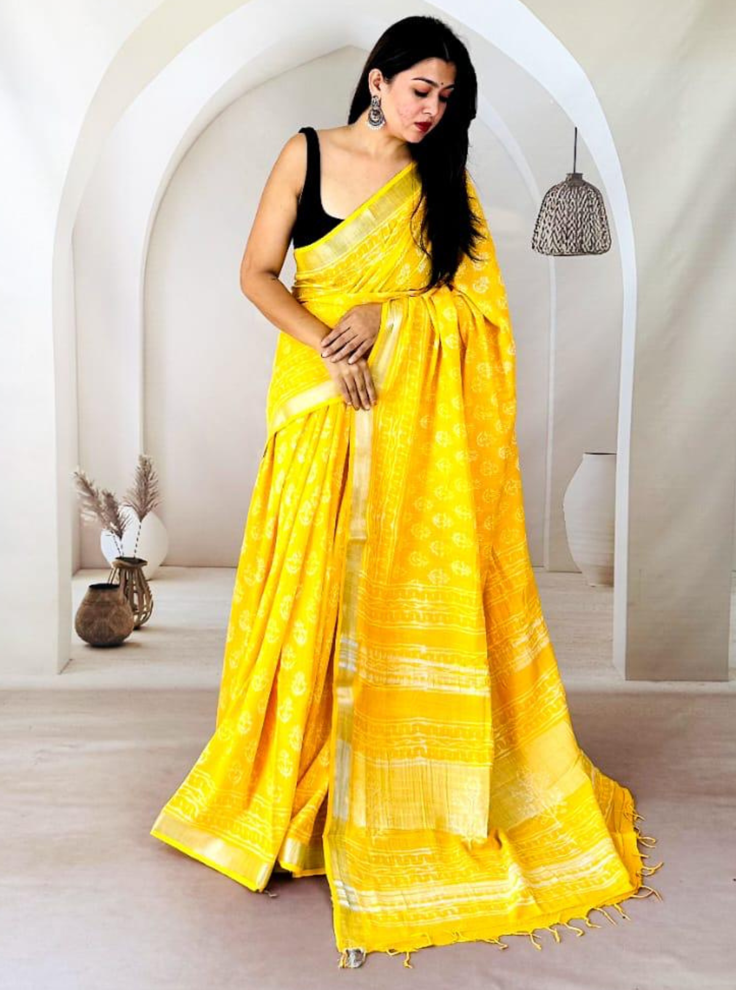 Sunshine Yellow Hand-Printed Linen Cotton Saree with Classic Borders