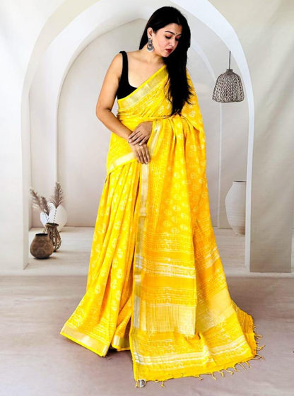 Sunshine Yellow Hand-Printed Linen Cotton Saree with Classic Borders