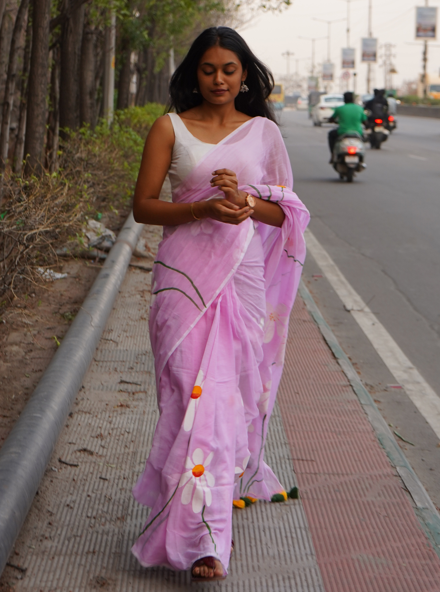 Pastel Pink Hand-Painted Mul Cotton Saree with Floral Art
