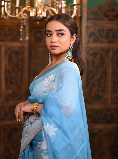 Sky Blue Kota Applique Cutwork Saree with Floral Detailing