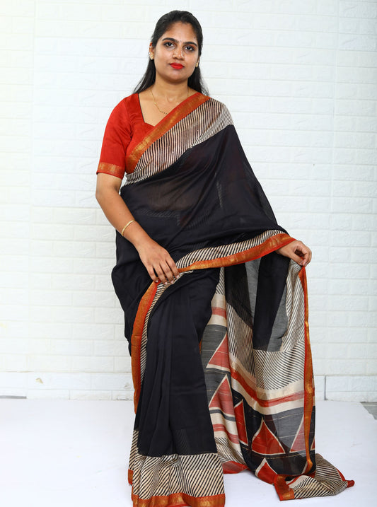 Stylish Black and White Maheshwari Silk Saree with Hand Block Print for Festive & Party Wear