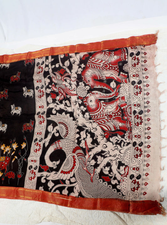 Black Kalamkari Mangalagiri Silk Saree with Sacred Cow & Lotus Motifs