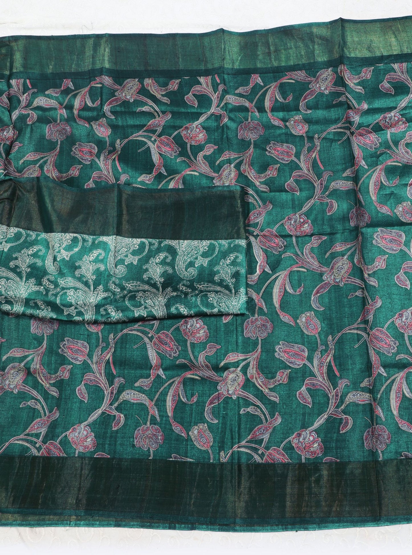 Emerald Green Tussar Silk Saree with Floral Vine Print & Subtle Border