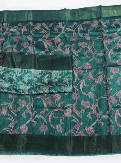 Emerald Green Tussar Silk Saree with Floral Vine Print & Subtle Border