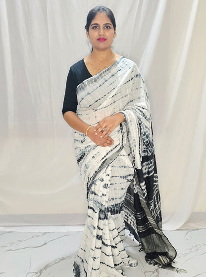 Ivory & Black Linen Cotton Saree with Shibori-Inspired Tie-Dye Patterns