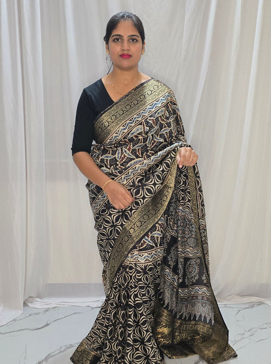Classic Black Dola Silk Saree with Traditional Ajrakh Print & Antique Gold Border