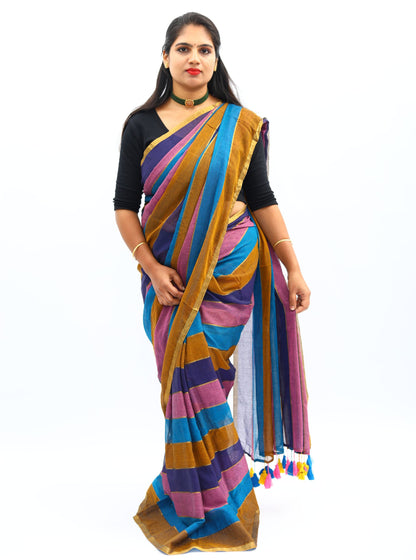 Elegant Brown, Blue and Pink Multicolor Mul Cotton Saree for Everyday Wear