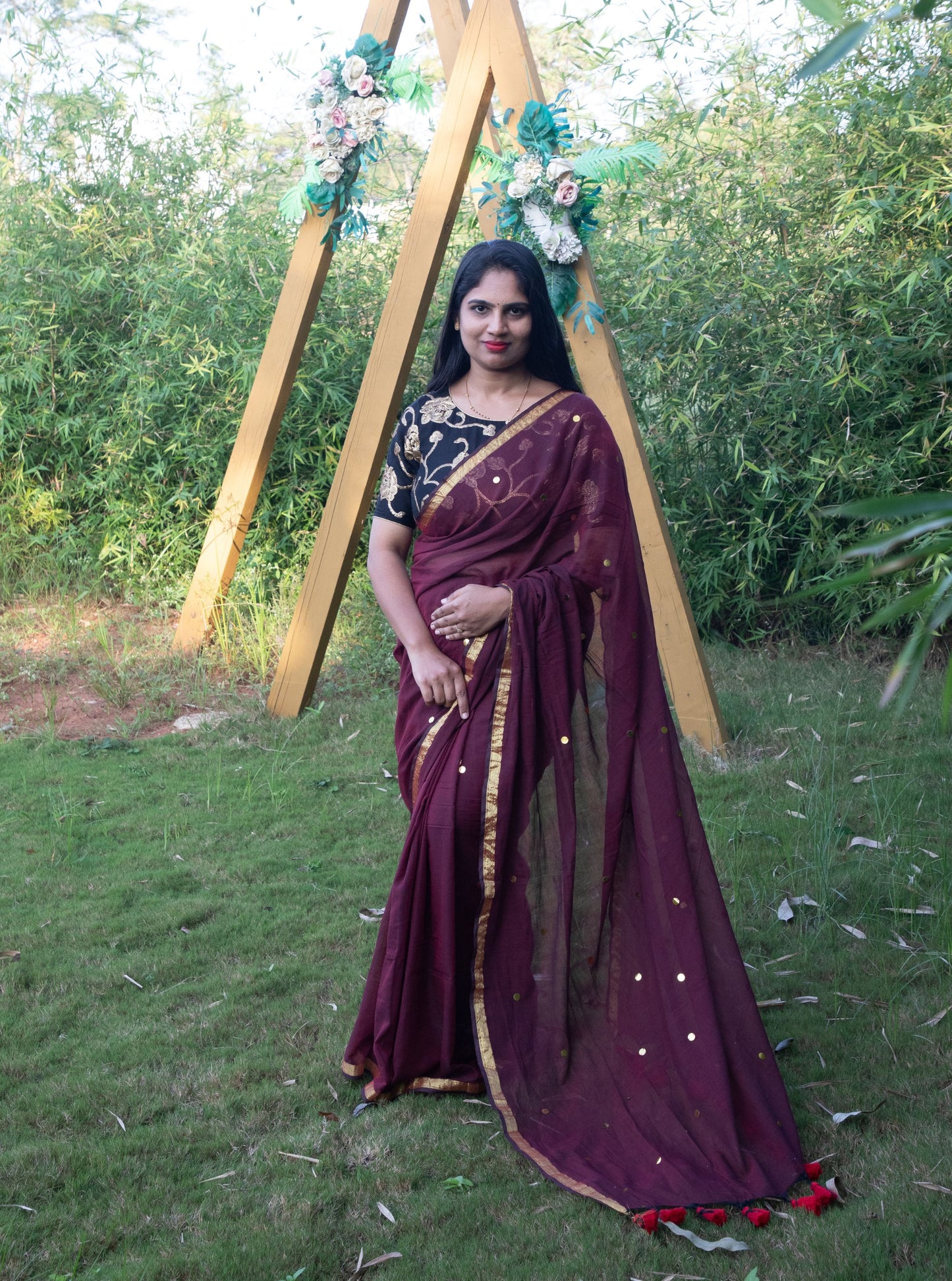 Maroon Mul Cotton Saree with Golden Polka Weave & Tassel Pallu