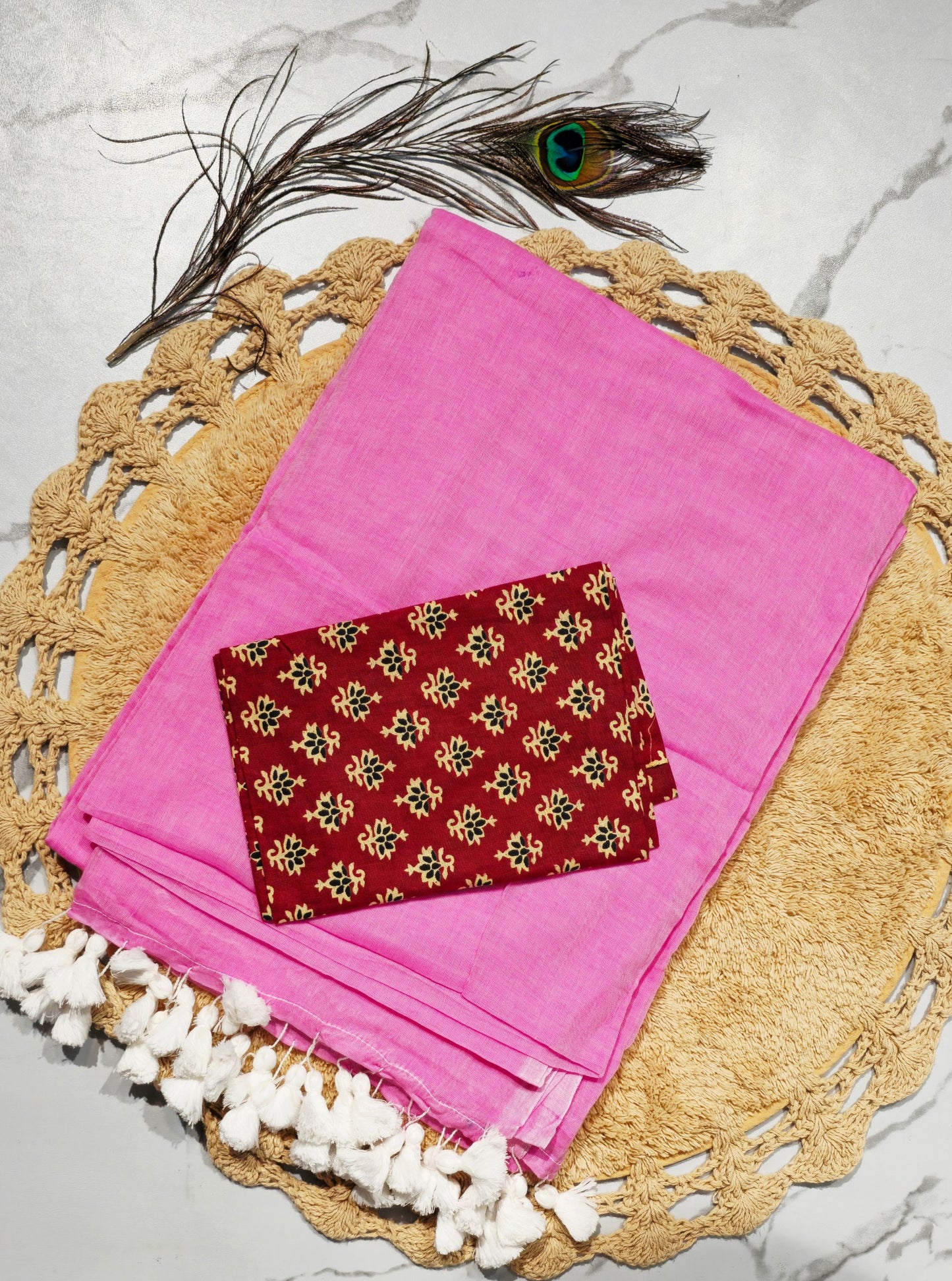 Soft Rose Pink Mul Cotton Saree with White Tasselled Pallu & Maroon Printed Blouse