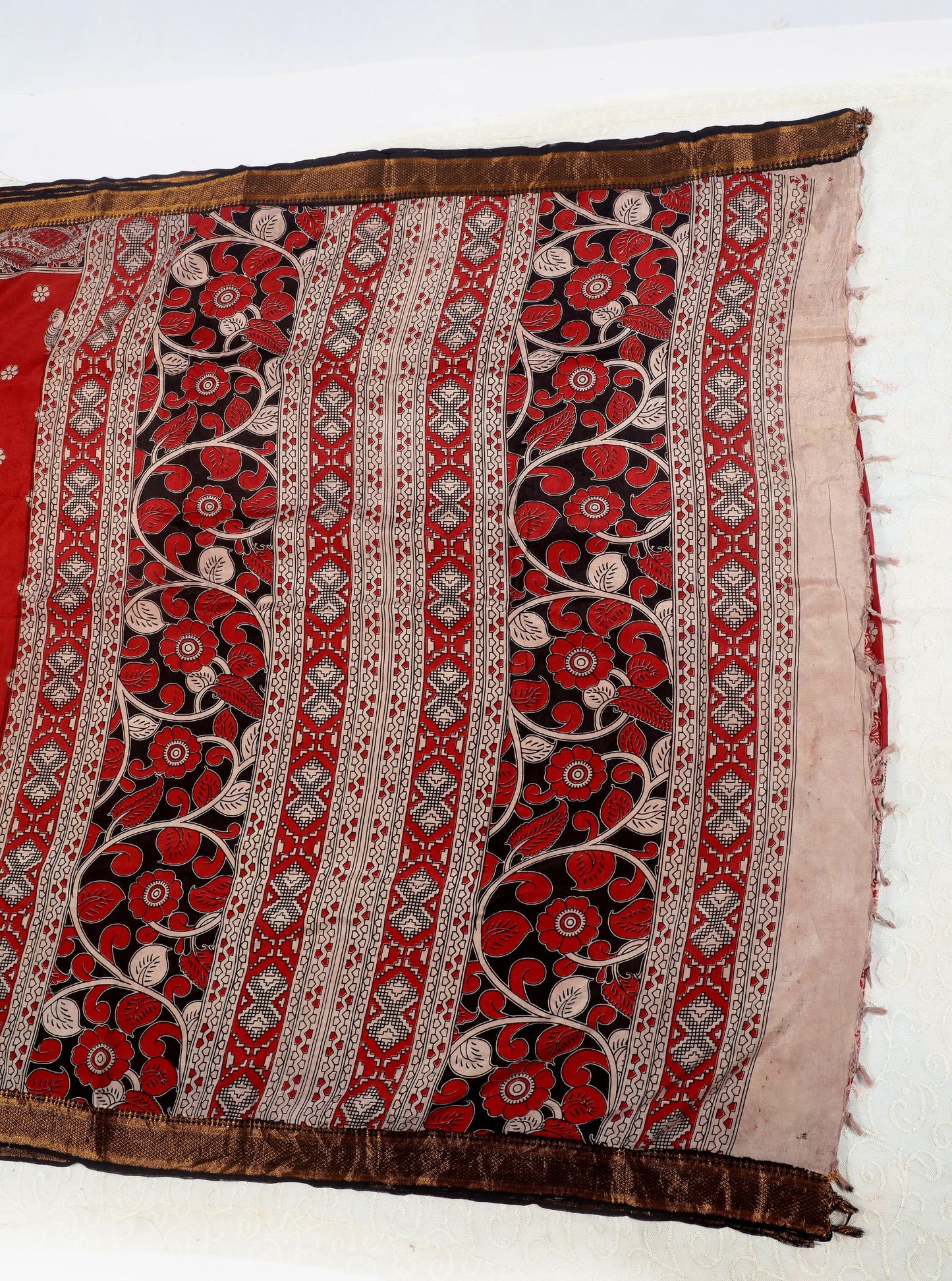 Red Kalamkari Mangalagiri Silk Saree with Peacock & Floral Motifs