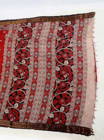 Red Kalamkari Mangalagiri Silk Saree with Peacock & Floral Motifs