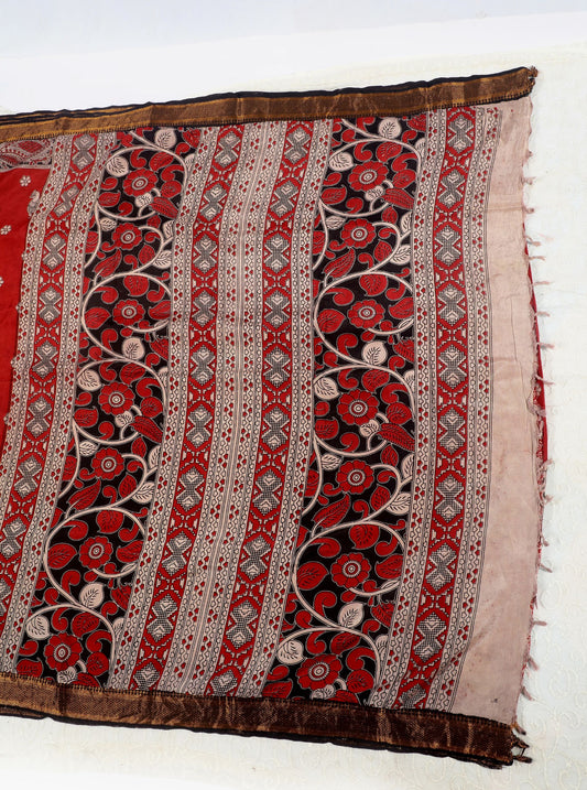 Red Kalamkari Mangalagiri Silk Saree with Peacock & Floral Motifs