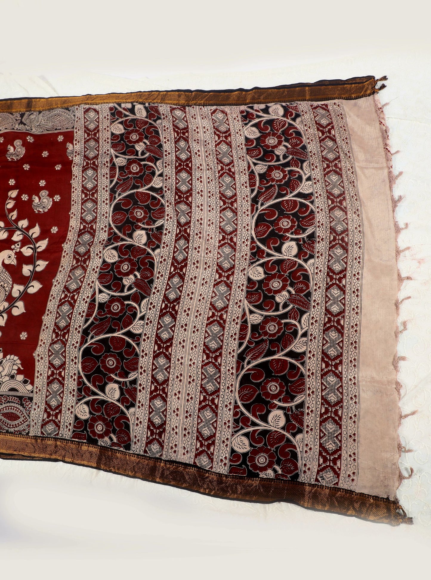 Maroon Kalamkari Mangalagiri Silk Saree with Peacock & Floral Motifs