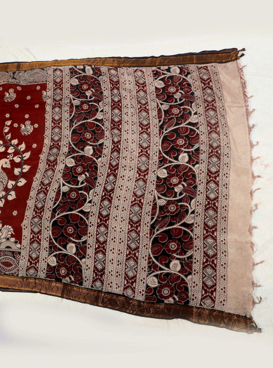 Maroon Kalamkari Mangalagiri Silk Saree with Peacock & Floral Motifs