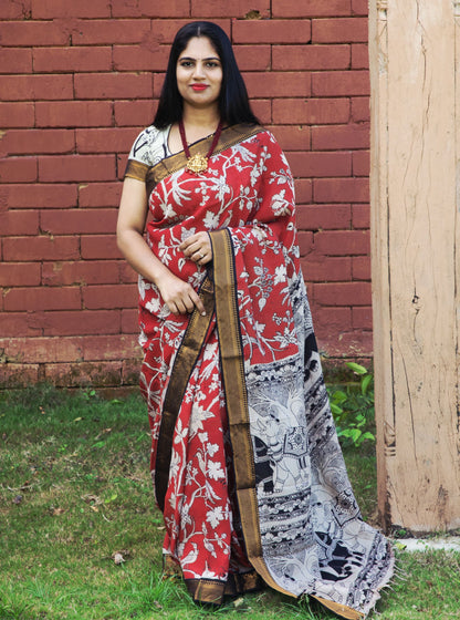 Rust Orange Kalamkari Silk Saree with Mythical Art Motifs