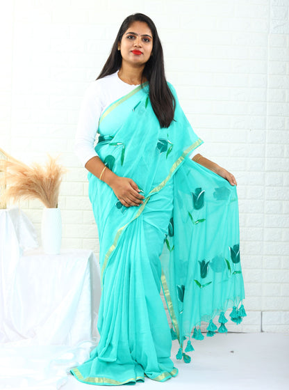Artistic Blue Mul Cotton Saree with Elegant Hand Painted Detailing for Festive & Daily Wear