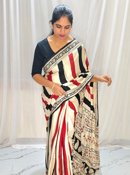 Ivory Beige Pure Modal Silk Saree with Bold Stripes & Traditional Printed Border