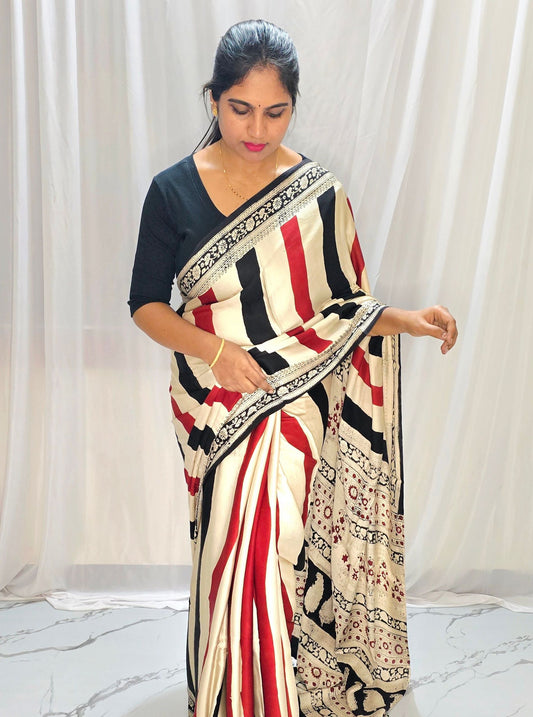 Ivory Beige Pure Modal Silk Saree with Bold Stripes & Traditional Printed Border
