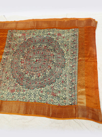 Mustard Chanderi Silk Saree with Kalamkari-Inspired Border