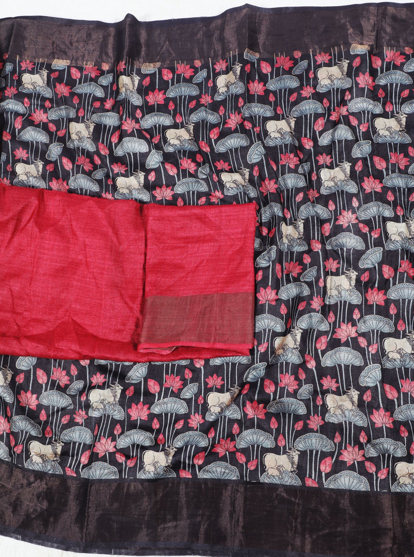 Black Tussar Silk Saree with Tribal Cow & Lotus Motif Print