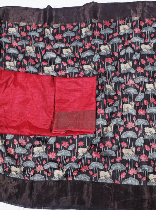 Black Tussar Silk Saree with Tribal Cow & Lotus Motif Print