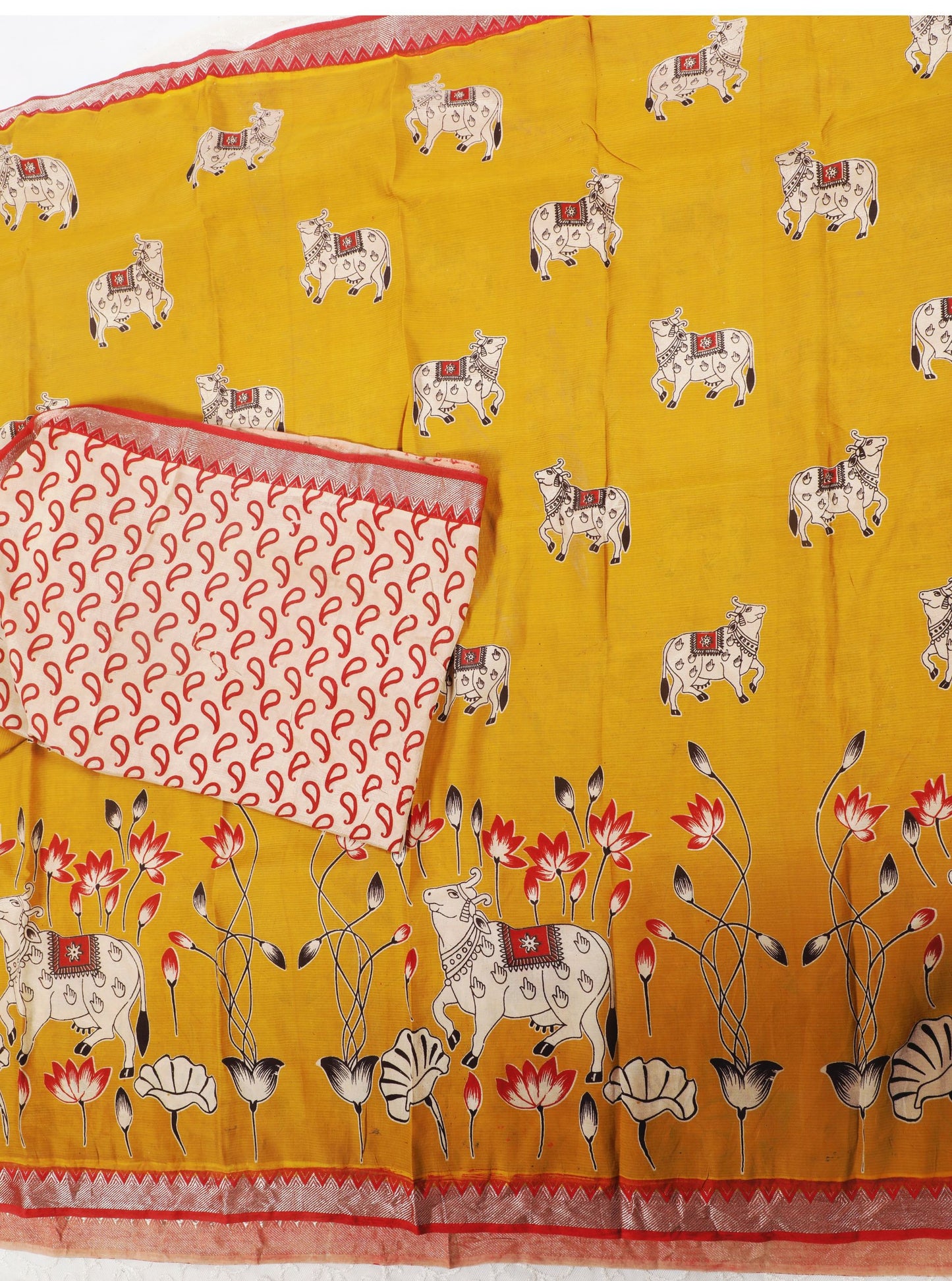 Mustard Yellow Kalamkari Mangalagiri Silk Saree with Sacred Cow Motifs
