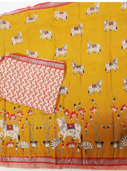 Mustard Yellow Kalamkari Mangalagiri Silk Saree with Sacred Cow Motifs