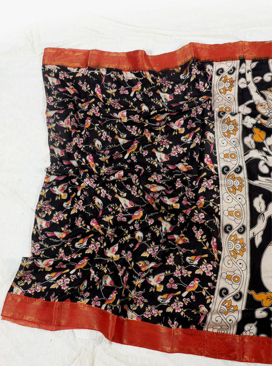 Black Kalamkari Mangalagiri Silk Saree with Handcrafted Bird & Floral Motifs