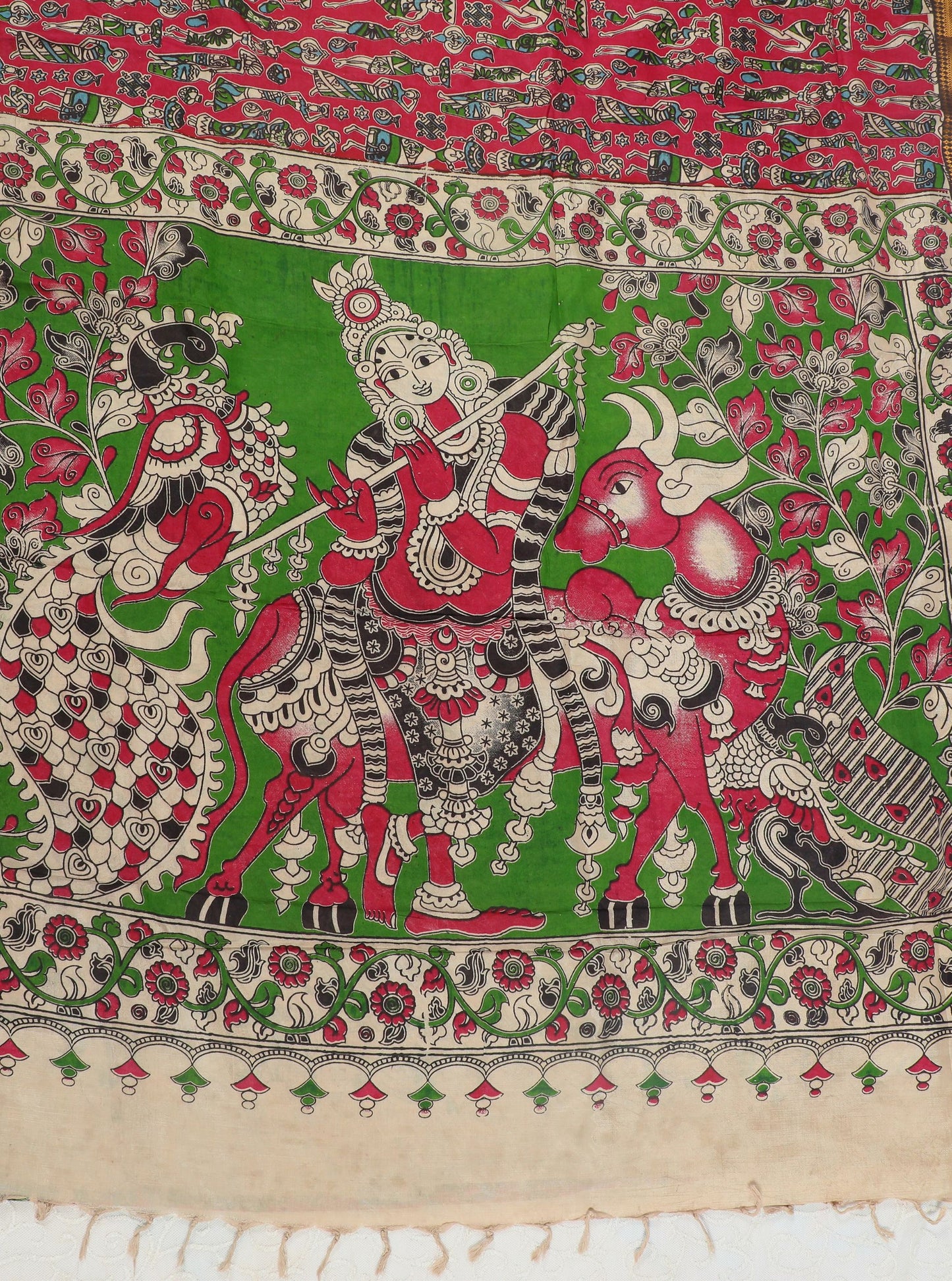 Green Kalamkari Mangalagiri Silk Saree with Mythological Motifs & Temple Border