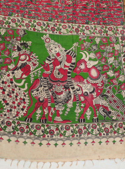 Green Kalamkari Mangalagiri Silk Saree with Mythological Motifs & Temple Border