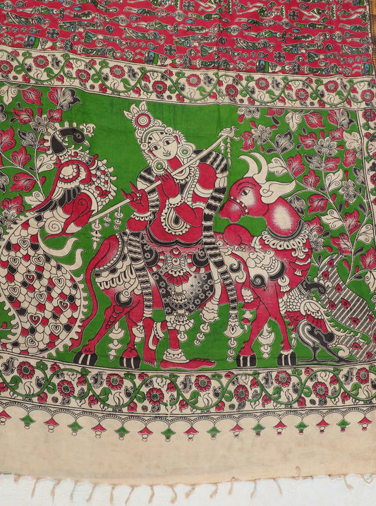 Green Kalamkari Mangalagiri Silk Saree with Mythological Motifs & Temple Border