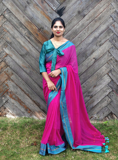 Pink & Teal Mul Cotton Saree with Contrast Border and Tassel Pallu