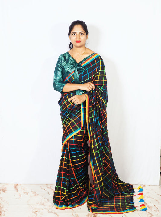 Black Mul Cotton Saree with Multicolor Checks & Tassel Pallu