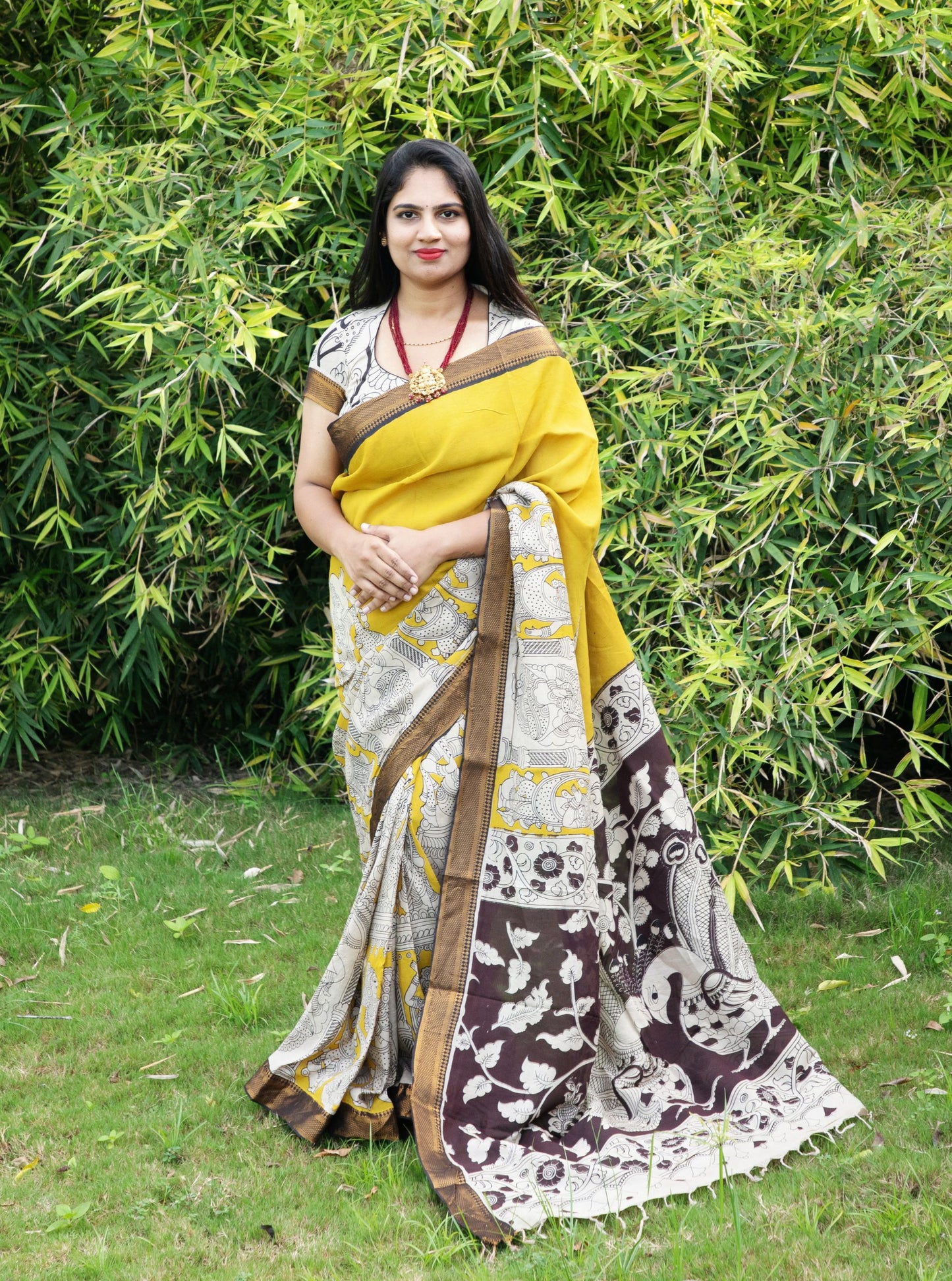 Mustard Yellow Kalamkari Mangalagiri Silk Saree with Contrast Pallu