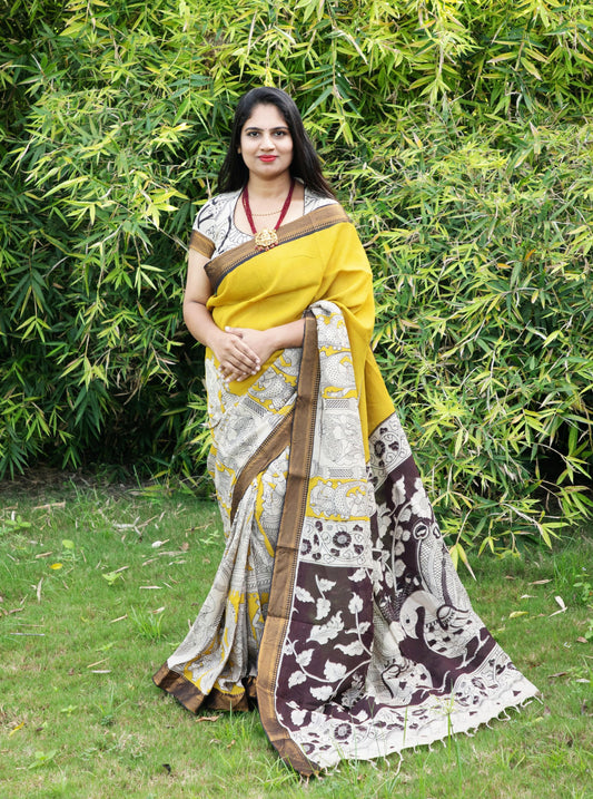 Mustard Yellow Kalamkari Mangalagiri Silk Saree with Contrast Pallu