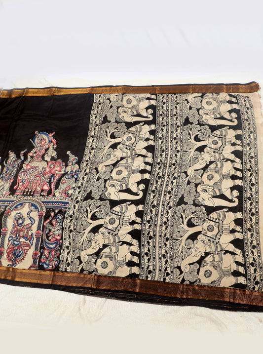 Black Kalamkari Mangalagiri Silk Saree with Elephant Motifs & Mythological Pallu