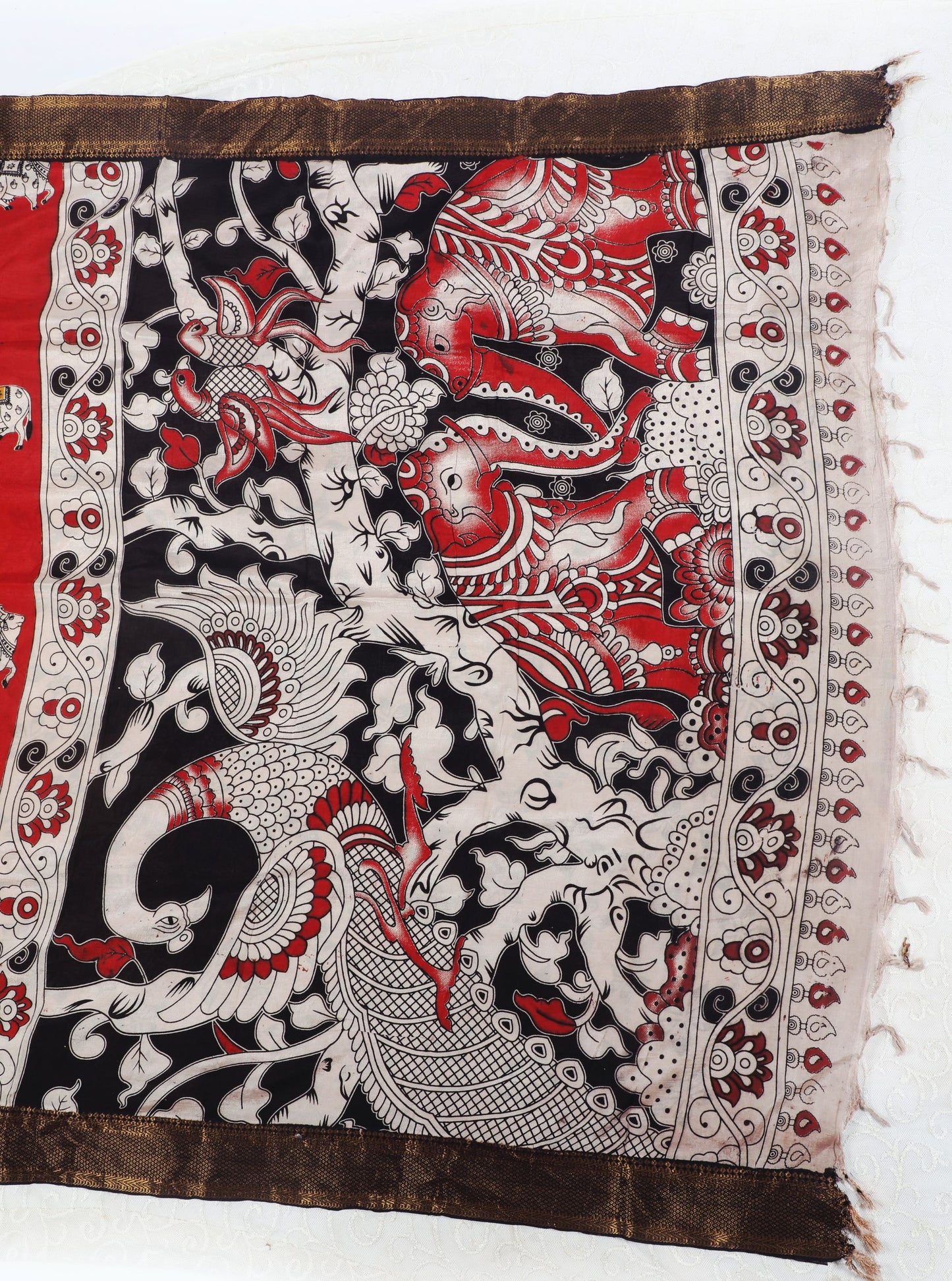Red Kalamkari Mangalagiri Silk Saree with Sacred Cow & Lotus Motifs
